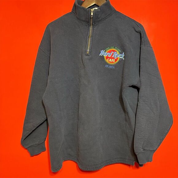 Vintage Hard Rock Cafe Atlanta Blue Quarter Zip Pullover Sweater L - Picture 1 of 6